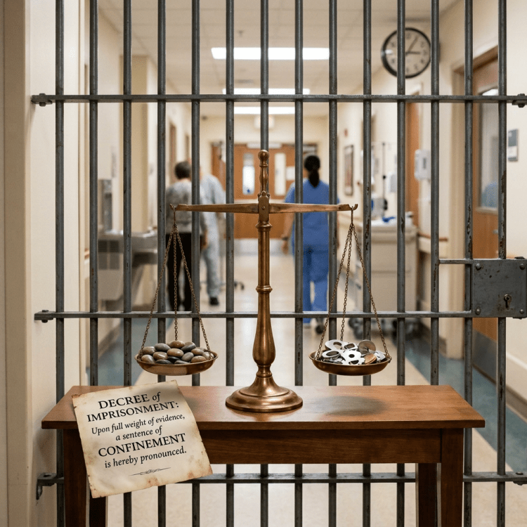 Balance scale with stones on one side and metal objects on the other in a hospital corridor